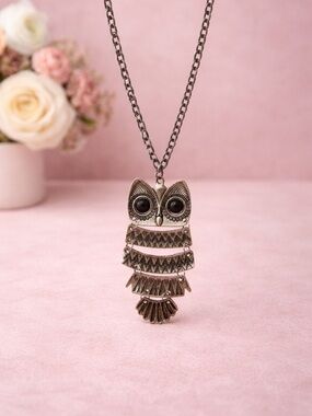 Owl Pendant Long Necklace in Antique Brass Finish